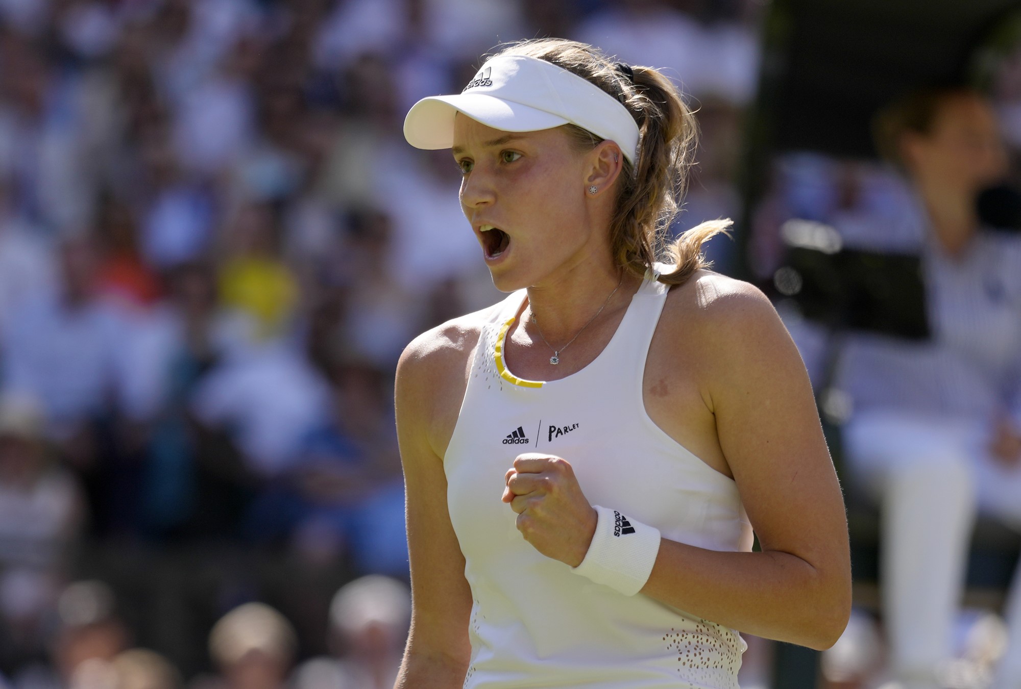 Elena Rybakina shouts after winning a point during the Wimbledon final.