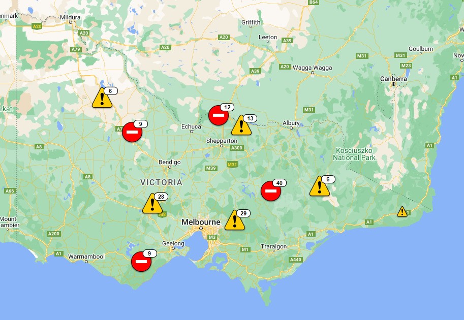 a map showing alerts for where roads are closed