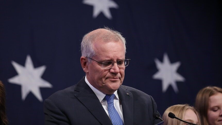 Morrison looks down trodden during his election concession speech.