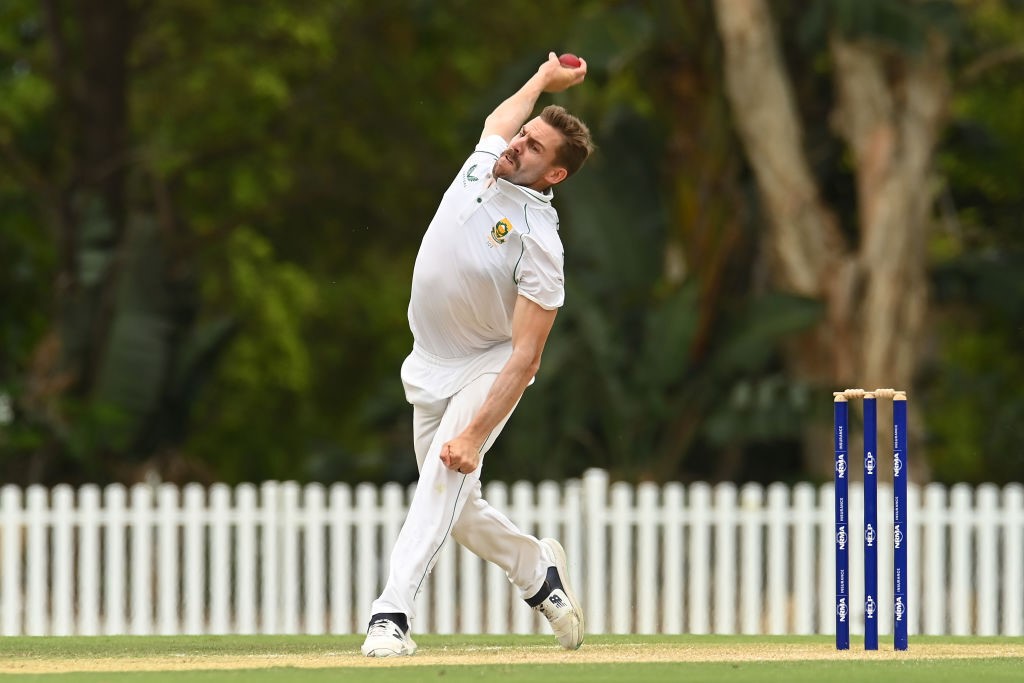 South Africa bowler Anrich Nortje delivers a ball in a warm-up cricket match.