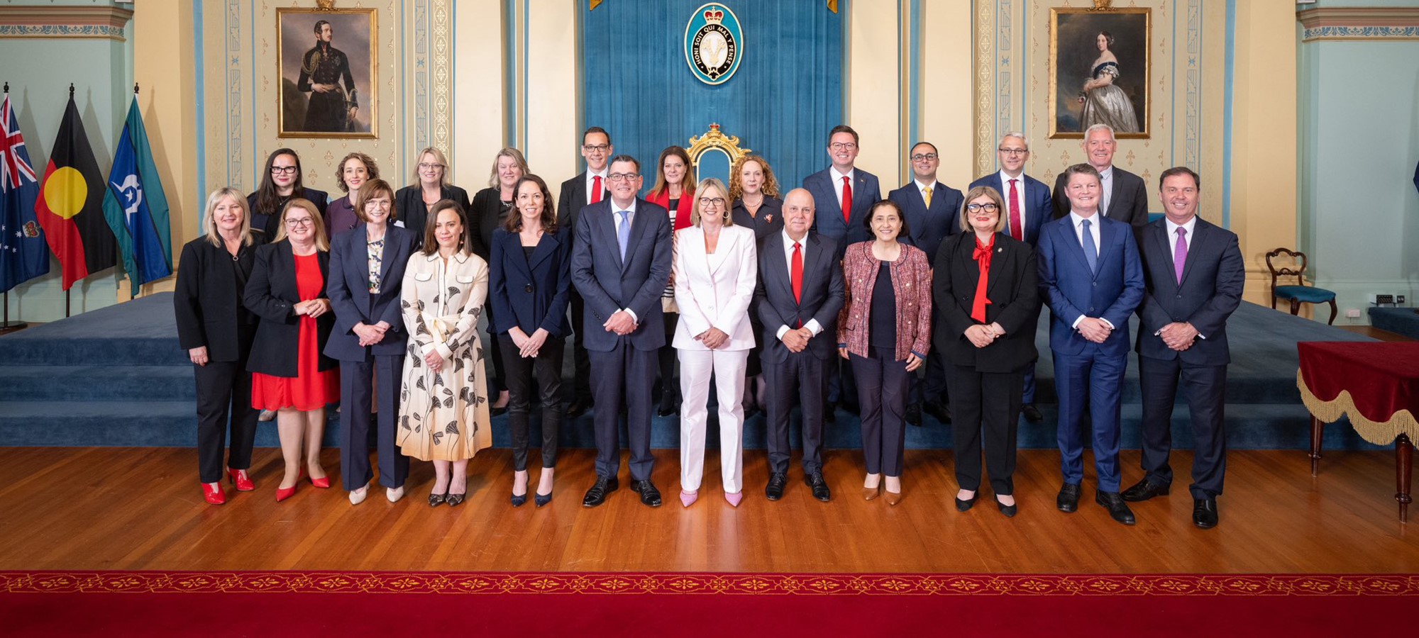 Jacinta Allan can be seen dressed in white in the centre of a Victorian Cabinet photoshoot.