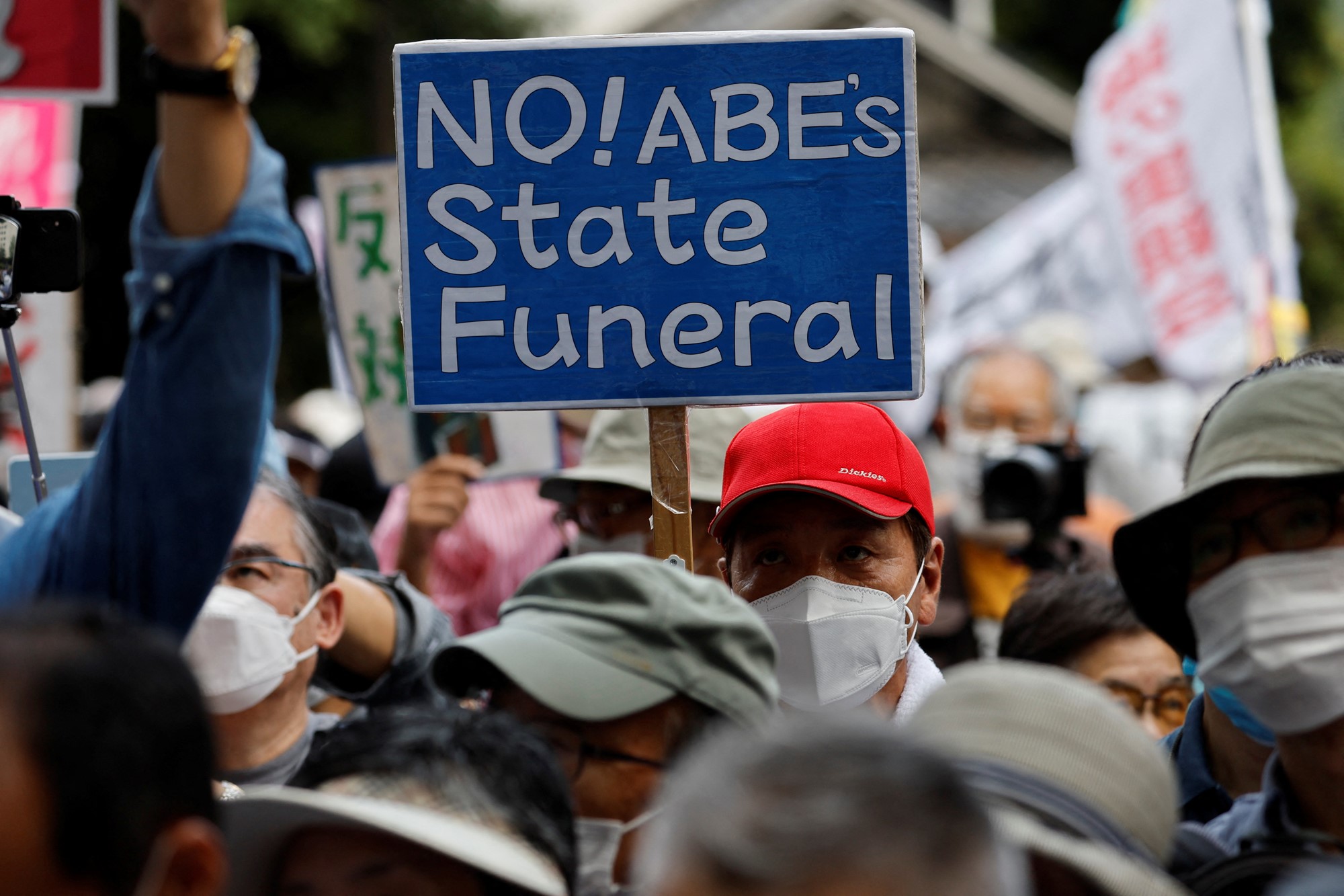 Protesters attend a rally against Japan's state funeral for former Prime Minister Shinzo Abe