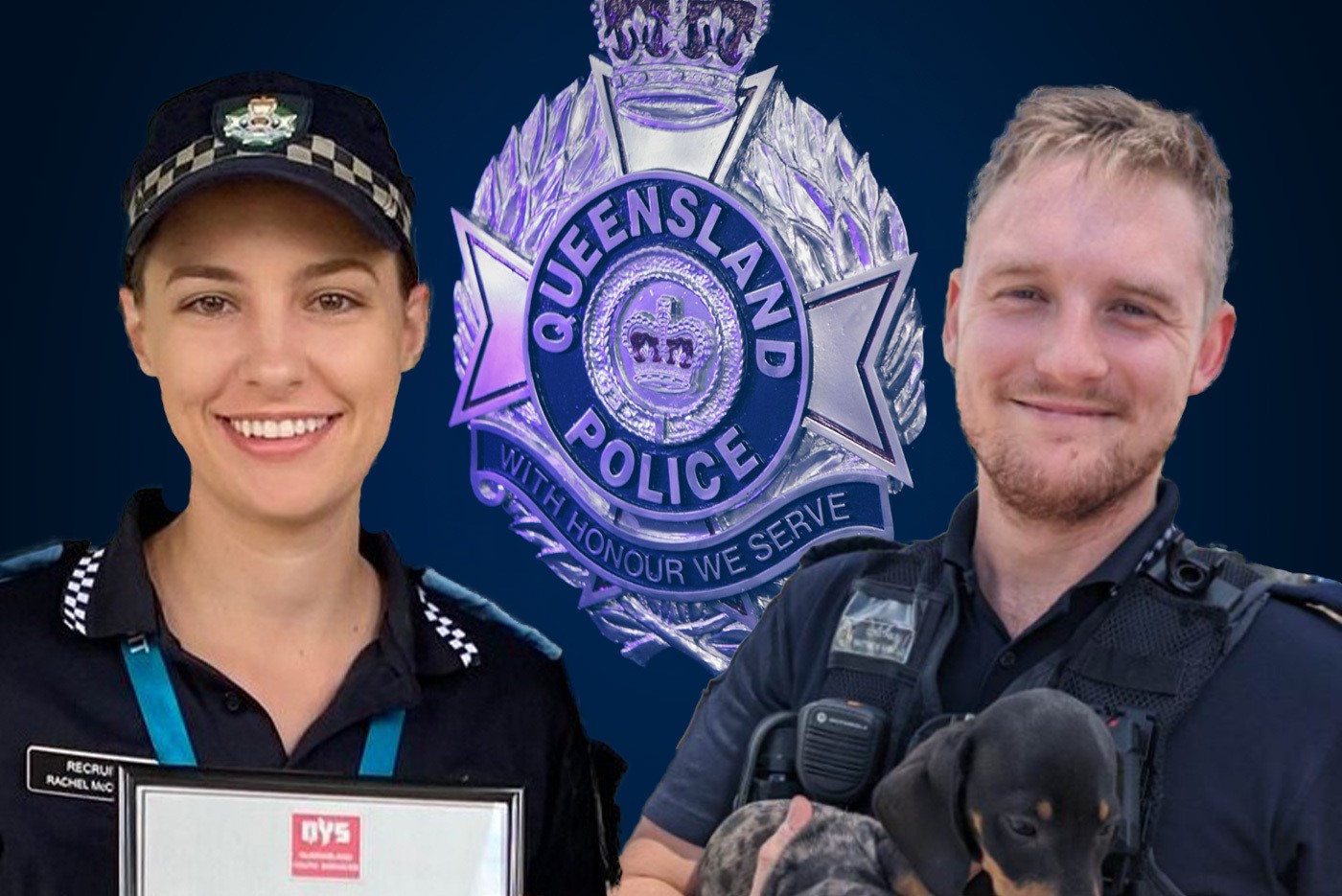 Rachel Clare McCrow and Matthew Joseph Arnold in police uniforms with a Queensland Police emblem in the background. 