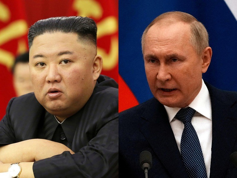 A portrait of Kim Jong Un alongside Vladimir Putin.