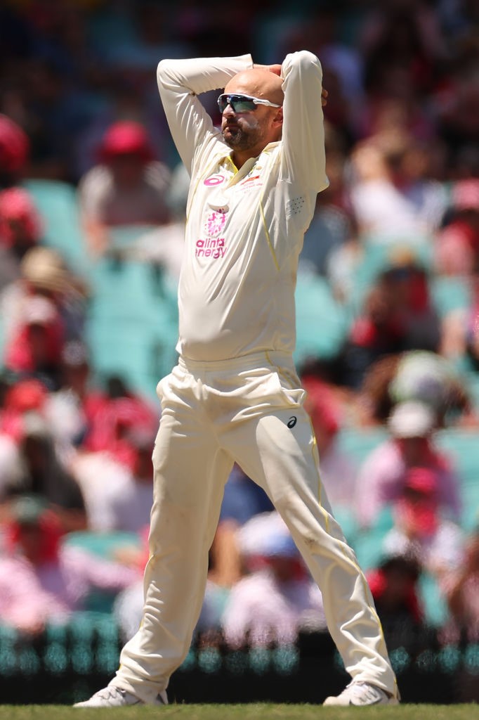 Australian bowler Nathan Lyon throws his hands to his head in frustration during the SCG test against South Africa.
