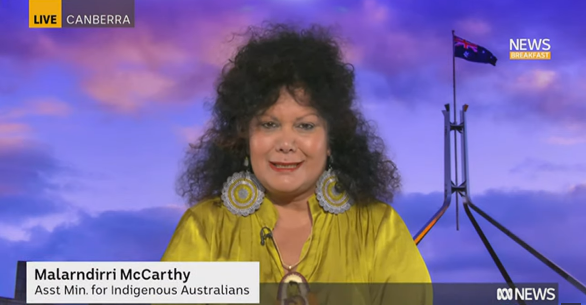 A woman with slightly curly hair and large earrings gives a TV interview in front of a Canberra parliament house backdrop