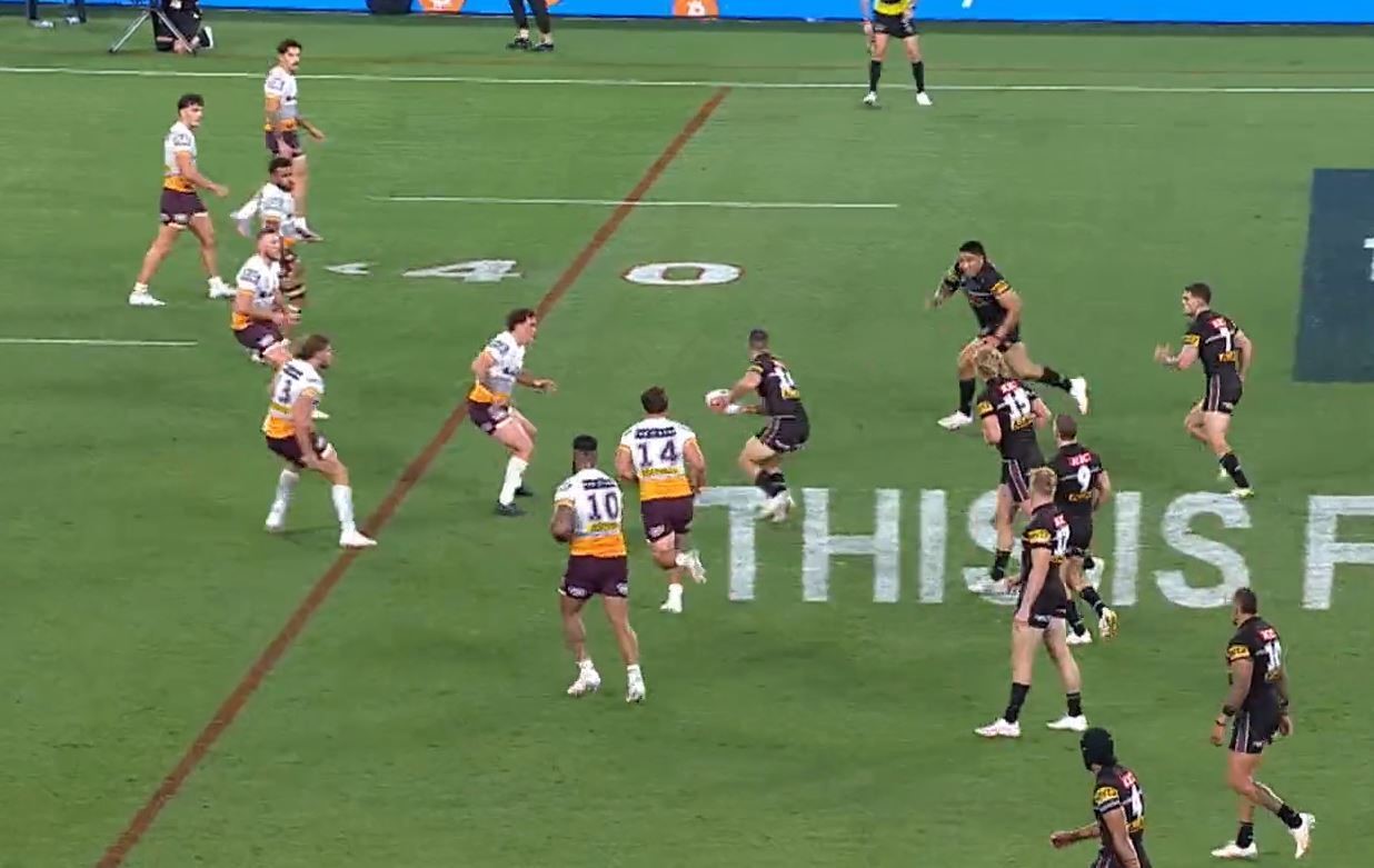 A screenshot from the NRL grand final between the Broncos and Panthers.