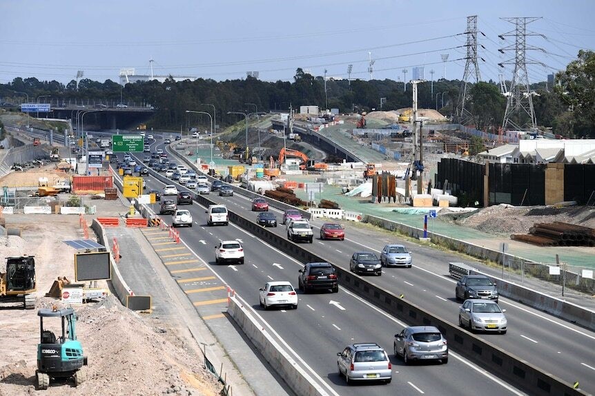 A busy highway surrounded by road work