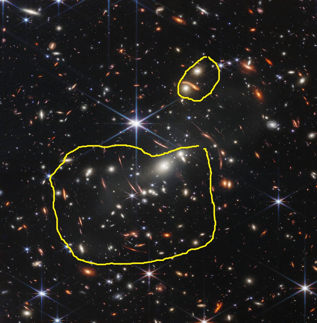 The James Webb telescope image with two parts highlighted.