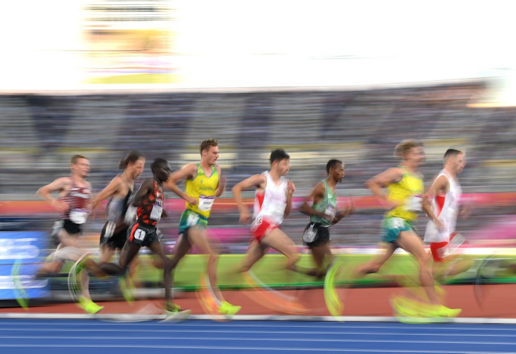 A blurred photo of men running