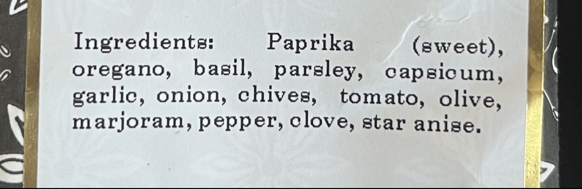 Ingredients say paprika, oregano, basil, parsley, capsicum