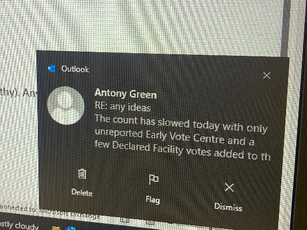 The corner of a computer screen, showing an email notification which reads: Antony Green.