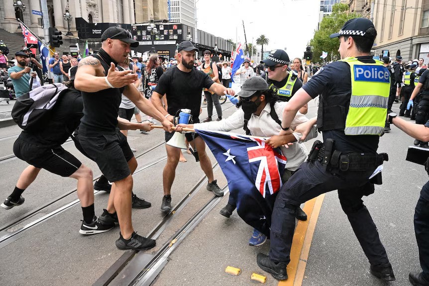 There were clashes between rival protest groups on the steps of Victoria's parliament on Saturday.