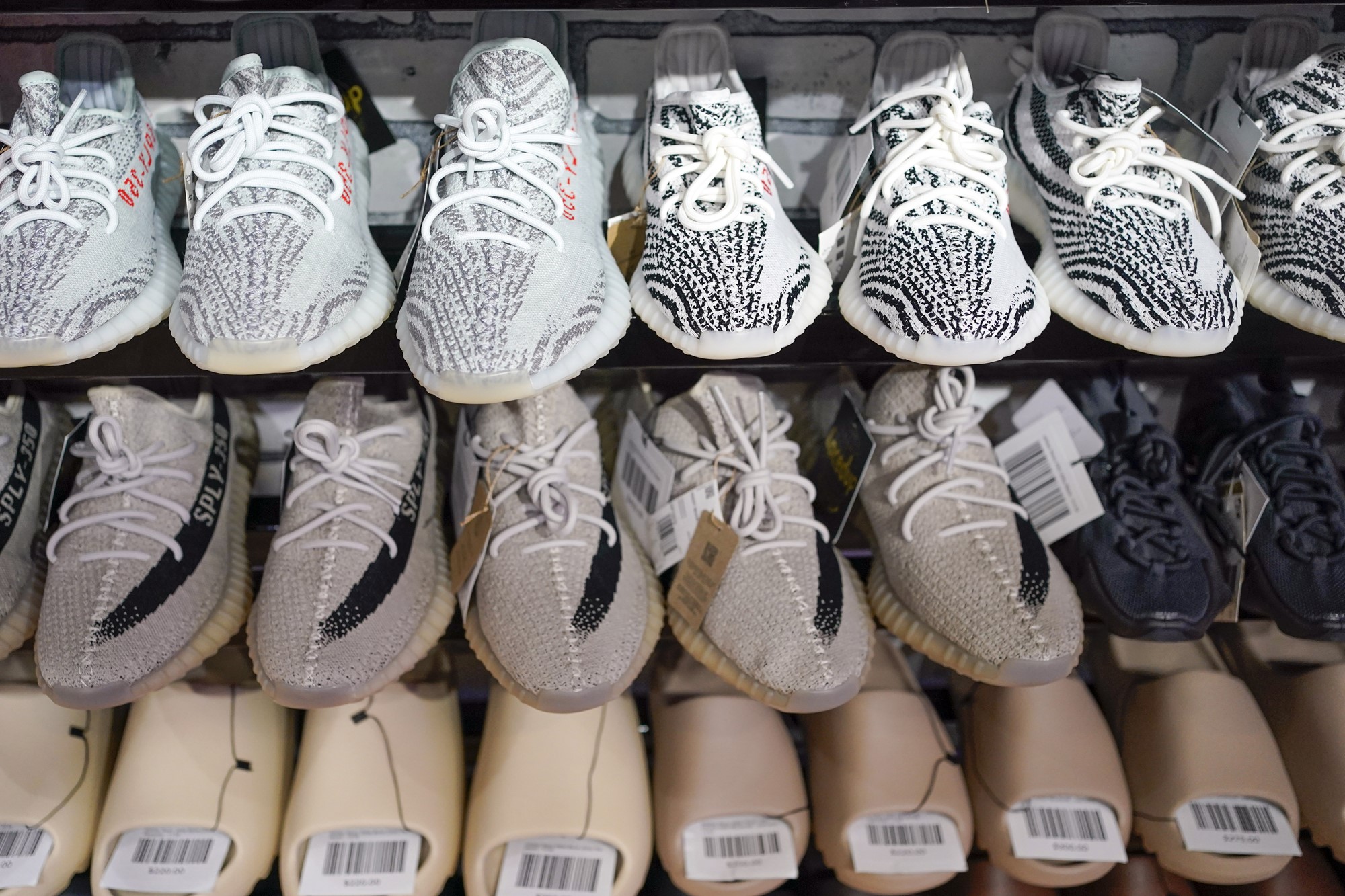 New Yeezy shoes lined up on shelves
